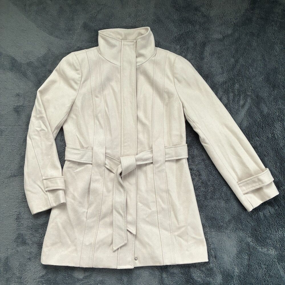 Calvin Klein Women's Ivory Cream Wool Blend Belted Coat Size 10 Zip Snap Lined